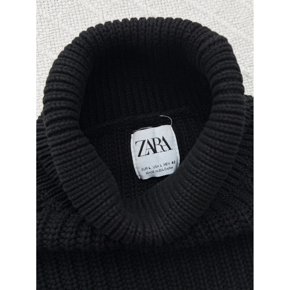 Zara Ribbed Turtleneck Sweater Black Cotton Raglan Sleeve Chunky Knit Size Large
